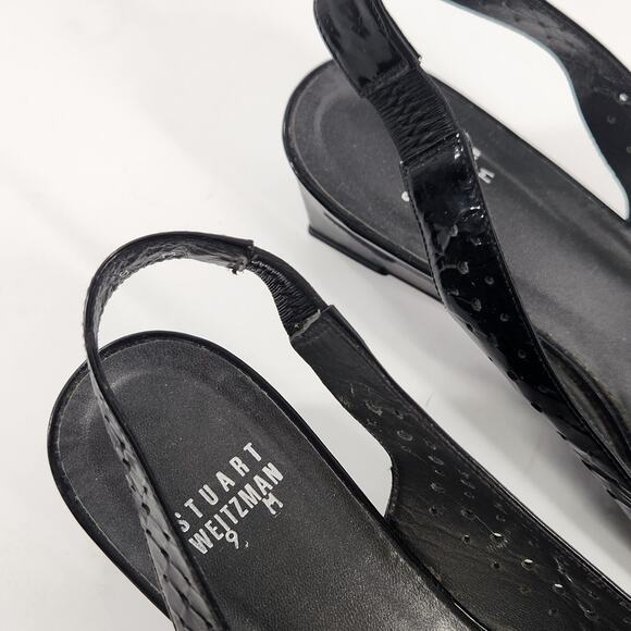 Stuart Weitzman Peep Toe Wedge Sandals Size 9M Black Patent Leather Low Heel - Picture 6 of 8